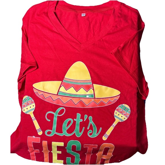 Red "Let's Fiesta" V-neck T-Shirt - Size M - Picture 3 of 4